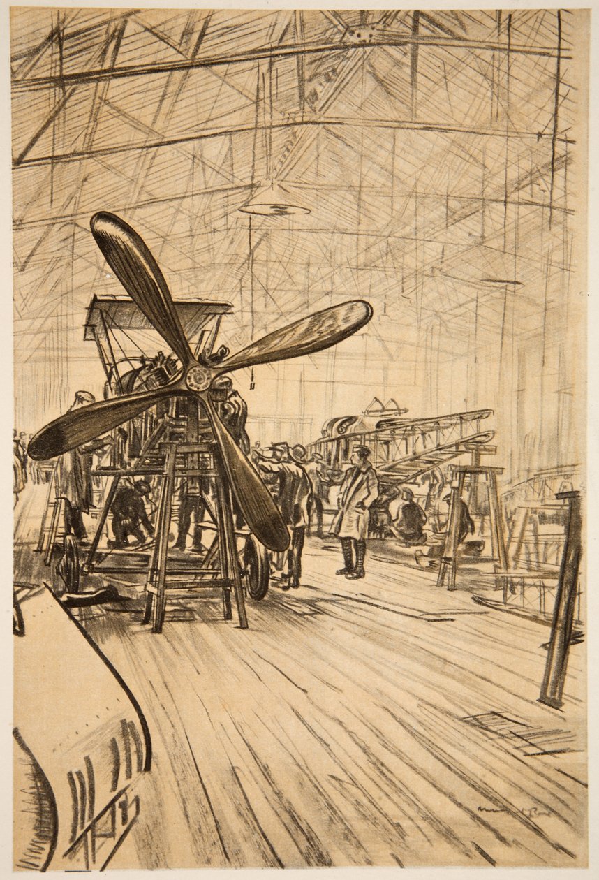 Ett flygplan på lager, illustration från "The Western Front", utgiven av Country Life Ltd av David Muirhead Bone