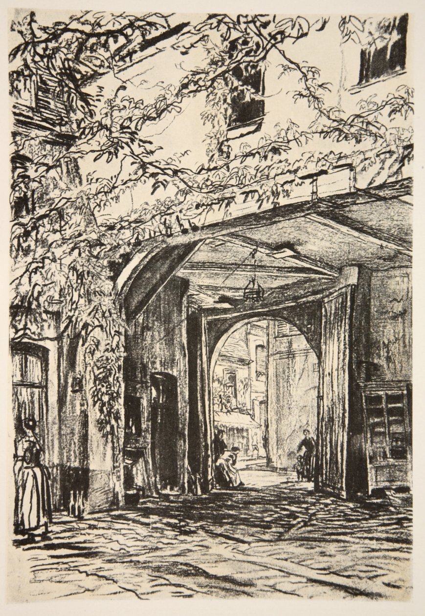 En armémötesplats i Frankrike, illustration från "The Western Front", utgiven av Country Life Ltd av David Muirhead Bone