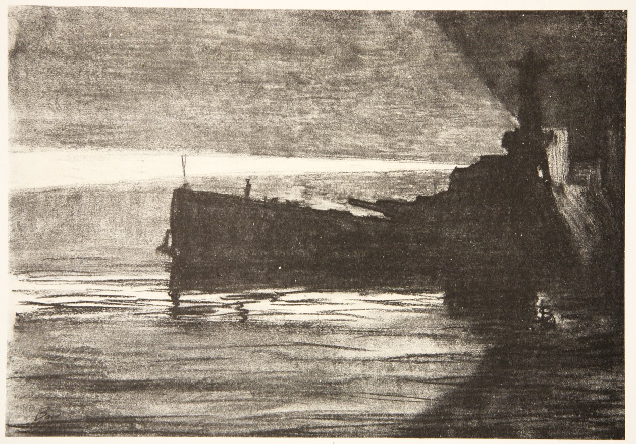 Närmar sig ett slagskepp på natten, illustration från "The Western Front", utgiven av Country Life Ltd av David Muirhead Bone