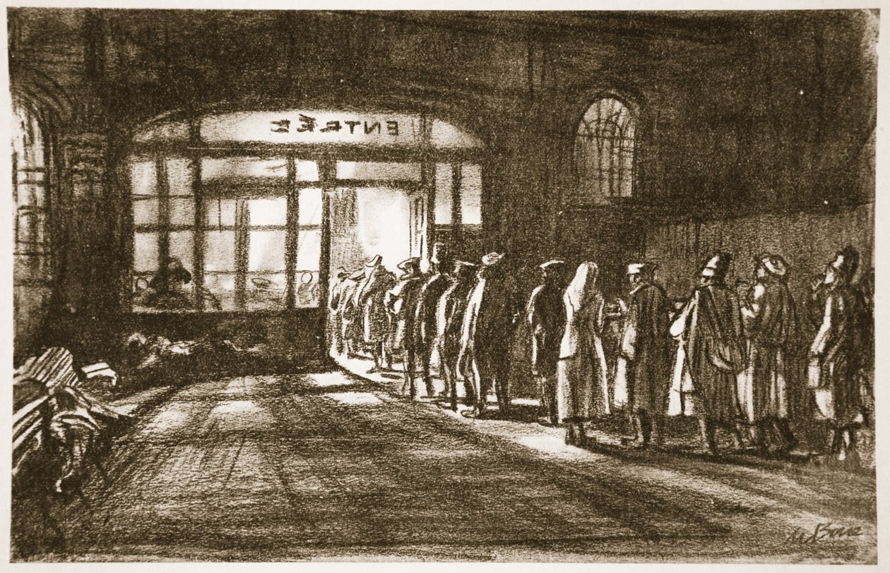 Vid en basstation, illustration från "The Western Front", utgiven av Country Life Ltd av David Muirhead Bone