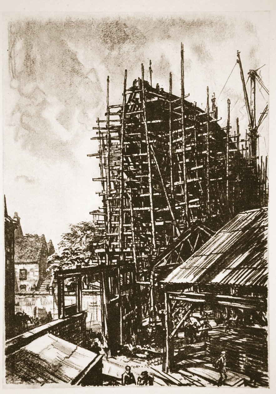 Bygga ett linjeskepp, illustration från "The Western Front", utgiven av Country Life Ltd av David Muirhead Bone