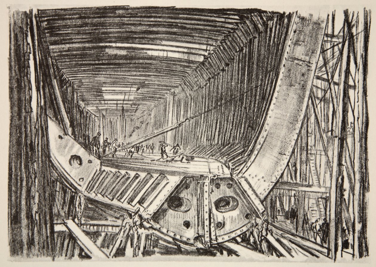 Bygga ett standardfartyg, illustration från "The Western Front", utgiven av Country Life Ltd av David Muirhead Bone