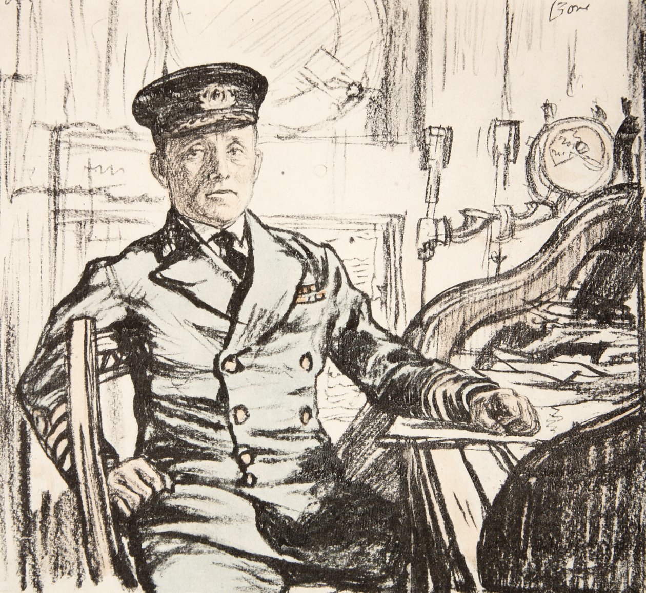 Kapten Cyril Fuller RI Navy, illustration från "The Western Front", utgiven av Country Life Ltd av David Muirhead Bone