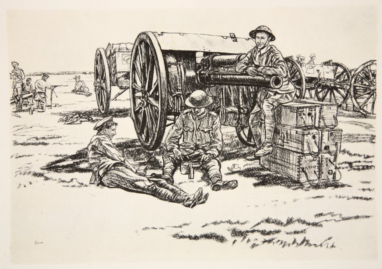 Middagstid: Män från RFA, illustration från "The Western Front", utgiven av Country Life Ltd av David Muirhead Bone