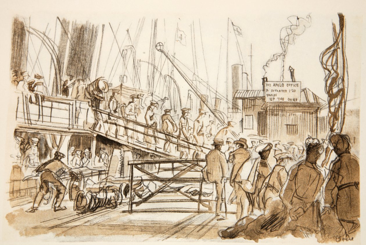 Avstigning, illustration från "The Western Front", utgiven av Country Life Ltd av David Muirhead Bone