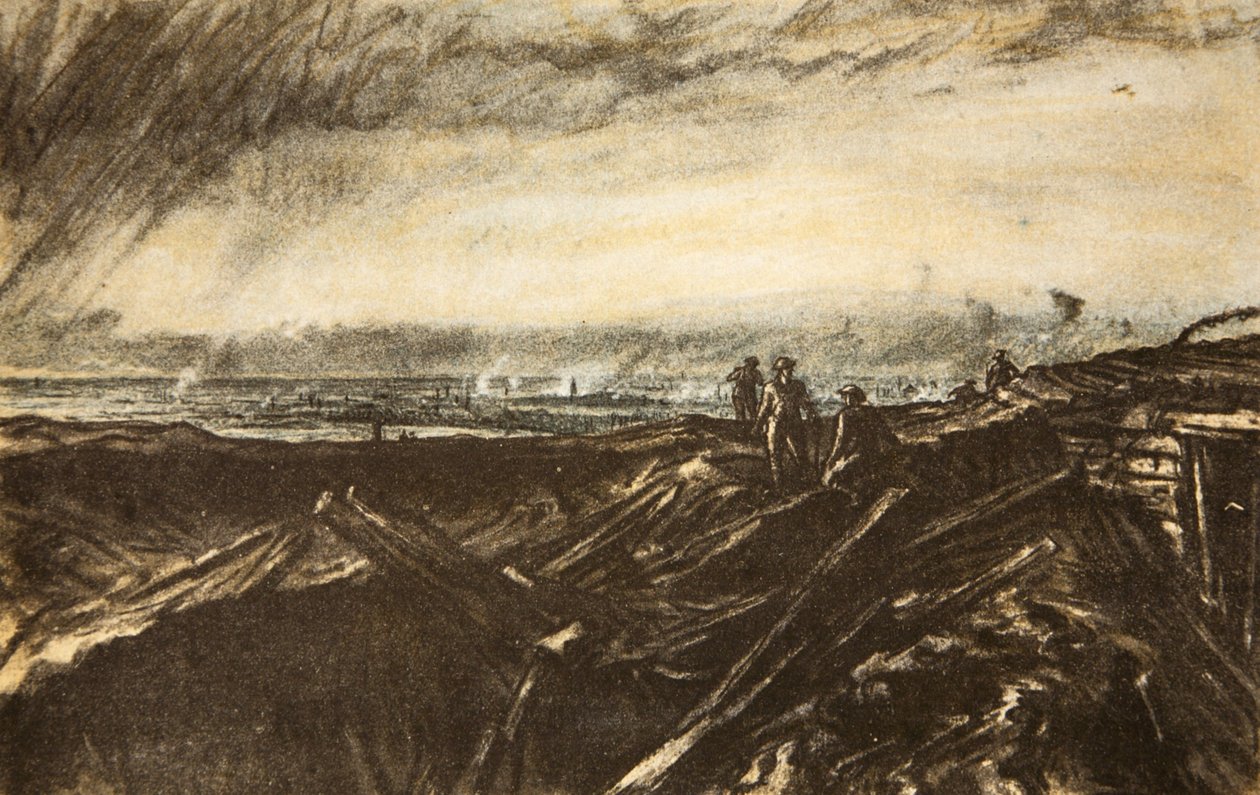 Distant Lens, från Notre Dame de Lorette, illustration från "The Western Front", utgiven av Country Life Ltd av David Muirhead Bone