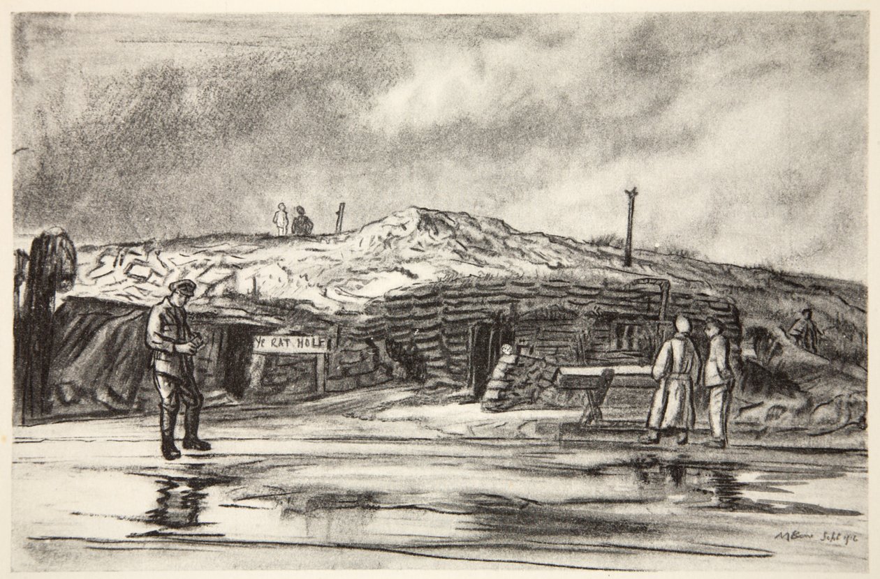 Dug Outs, illustration från "The Western Front", utgiven av Country Life Ltd av David Muirhead Bone