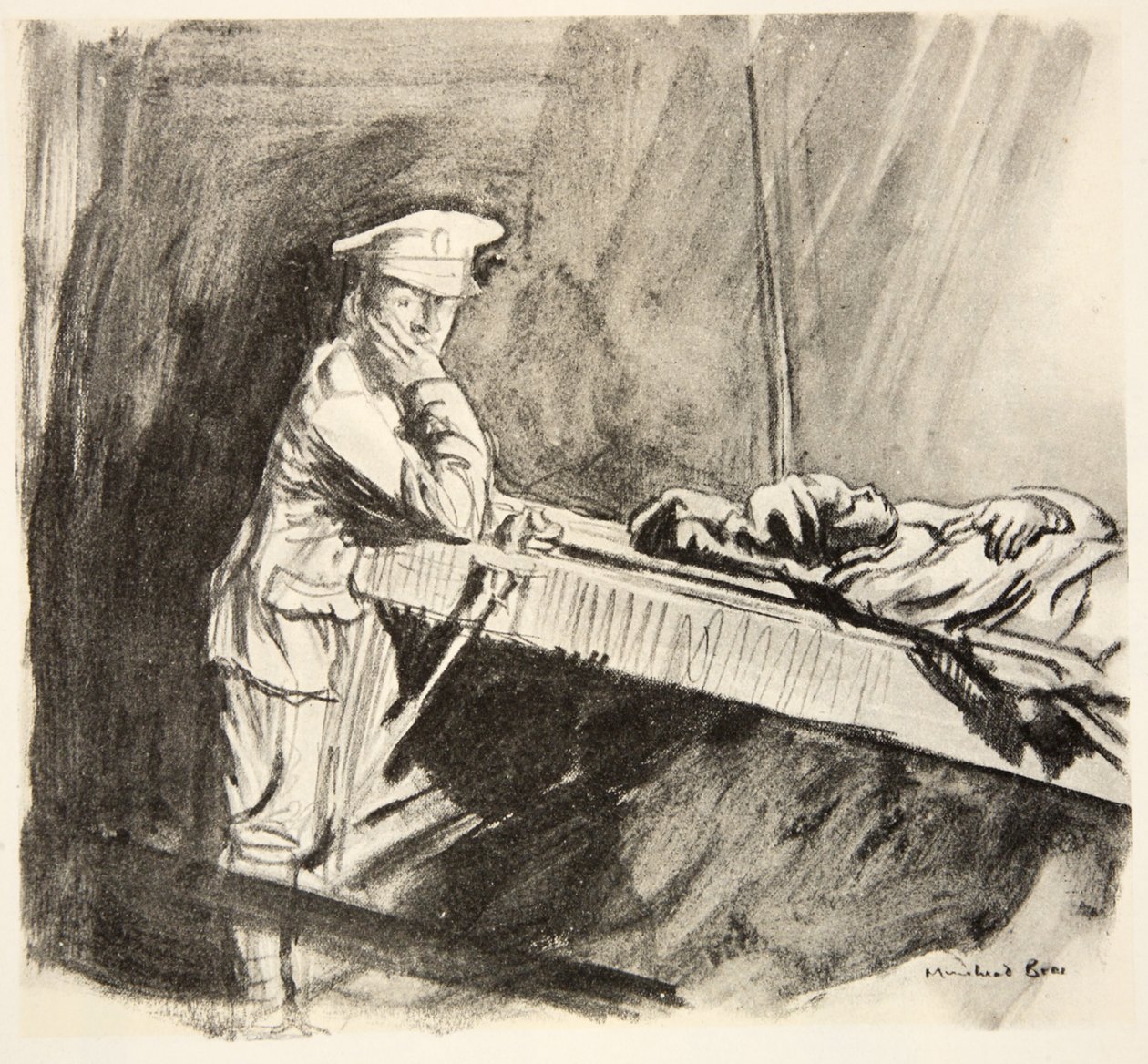 Ombordstigning av sårade, illustration från "The Western Front", utgiven av Country Life Ltd av David Muirhead Bone