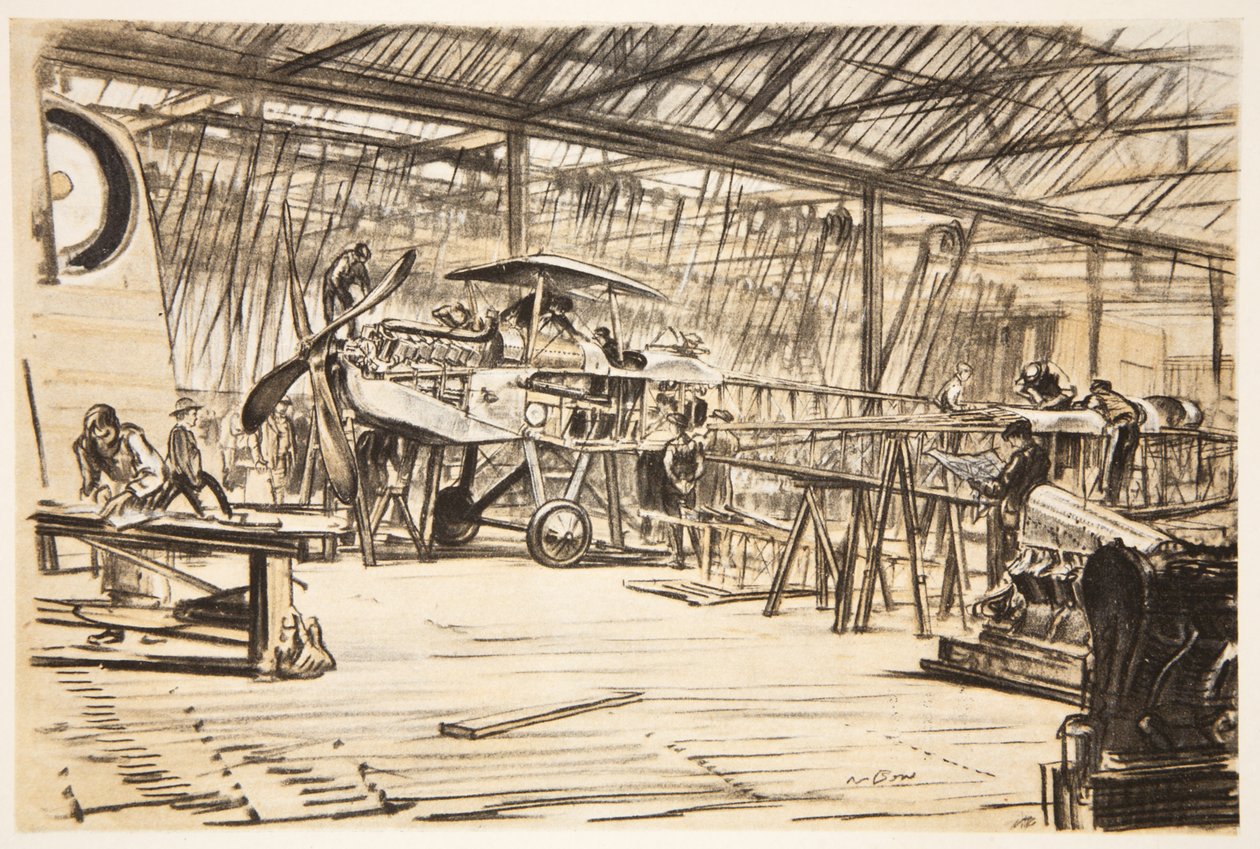 Uppförande av flygplan, illustration från "The Western Front", utgiven av Country Life Ltd av David Muirhead Bone