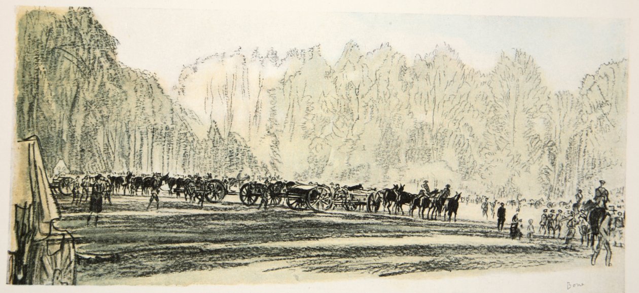 Sport inom fältartilleriet: The Rival Gun Teams, illustration från "The Western Front", utgiven av Country Life Ltd av David Muirhead Bone