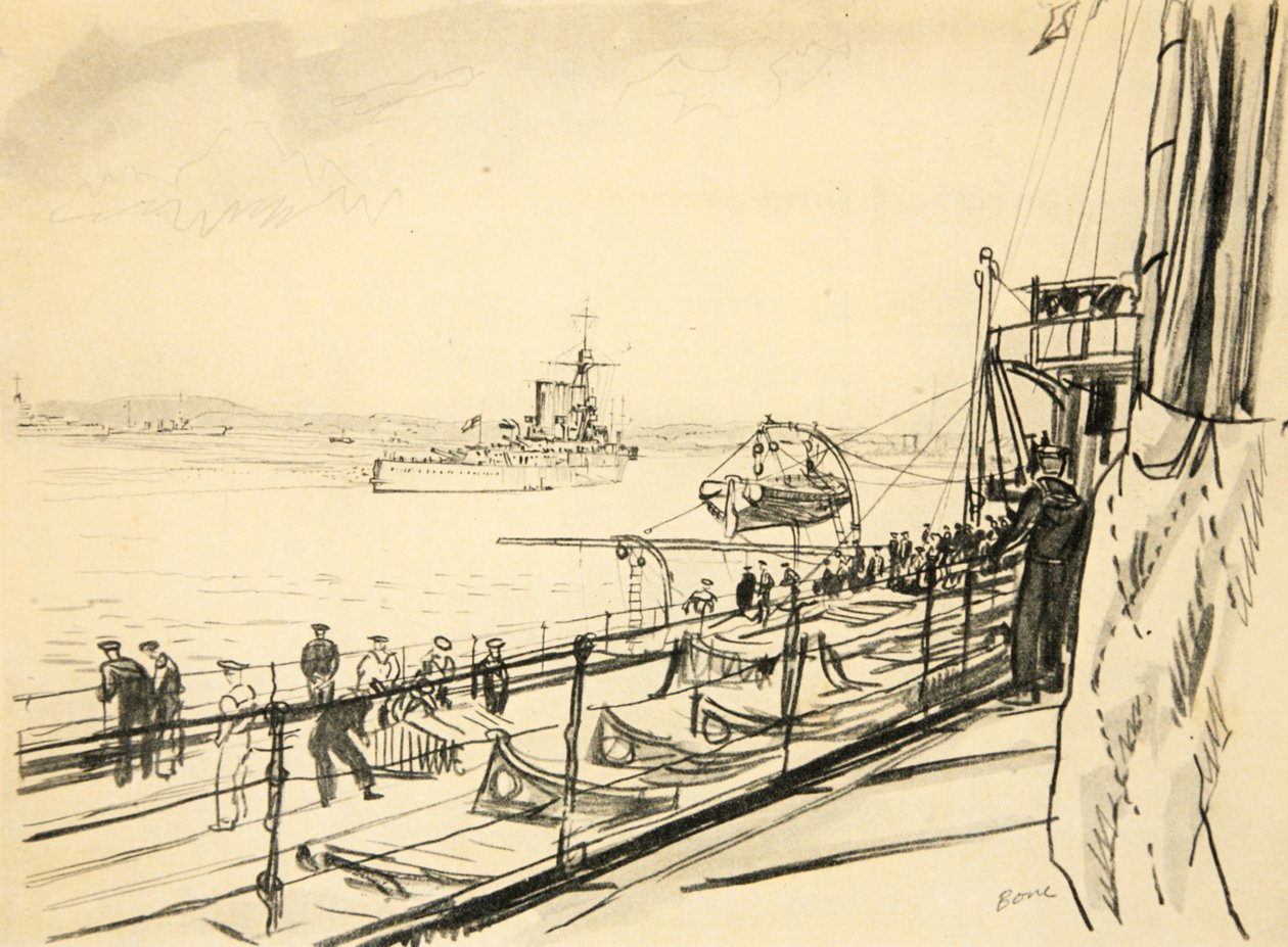 Från akterdäcket på ett slagskepp, illustration från "The Western Front", utgiven av Country Life Ltd av David Muirhead Bone