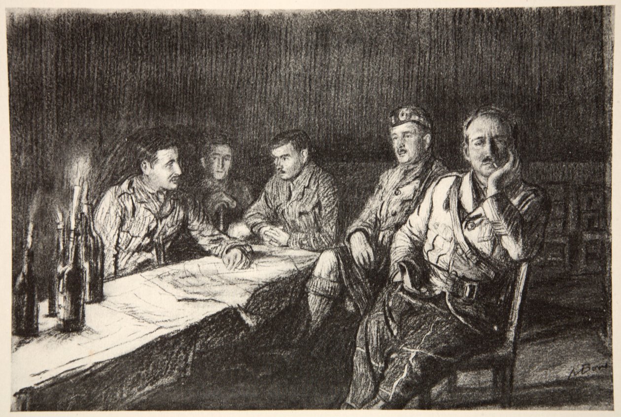 Gordon Highlander officersmäss, illustration från "The Western Front", utgiven av Country Life Ltd av David Muirhead Bone