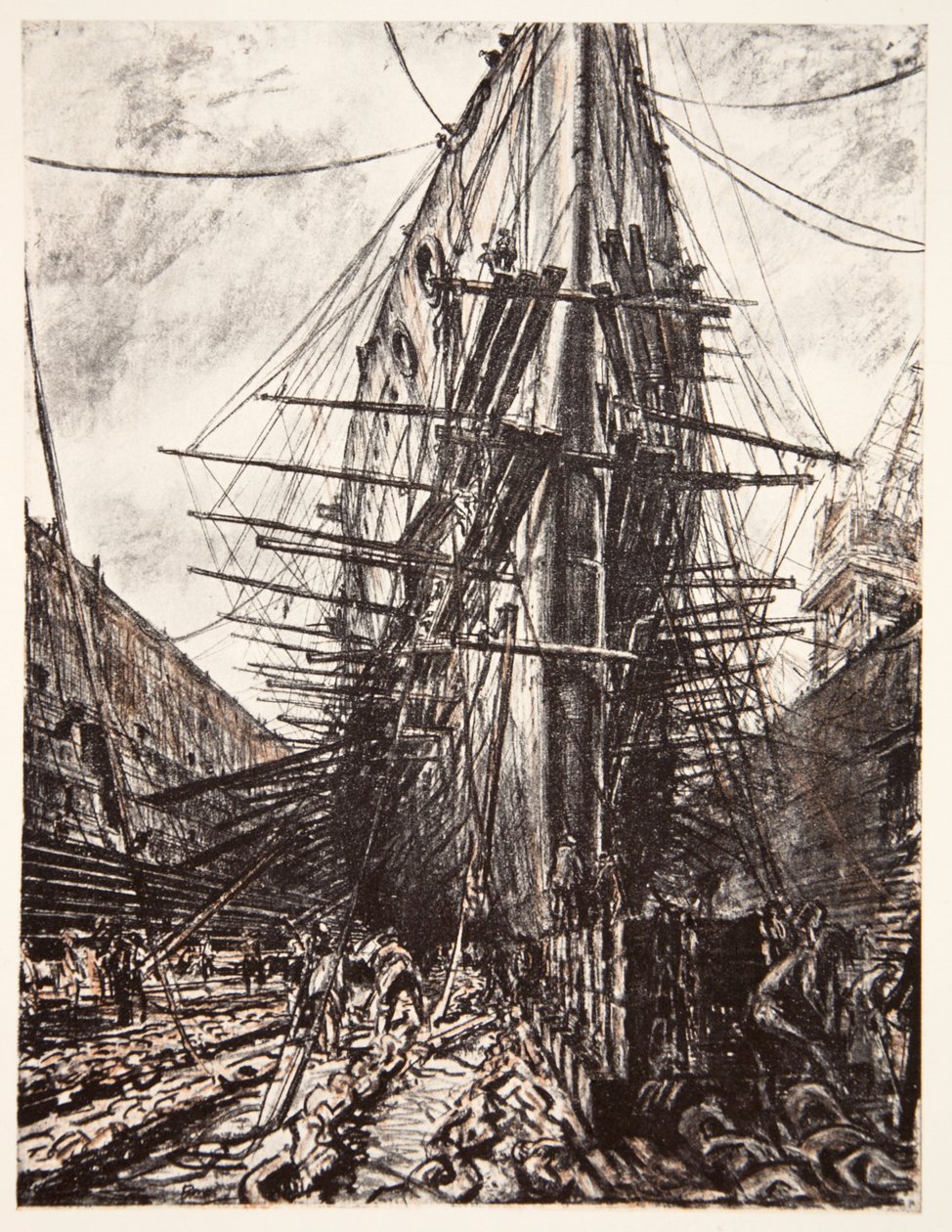 HMS Lion i torrdocka, illustration från "The Western Front", utgiven av Country Life Ltd av David Muirhead Bone