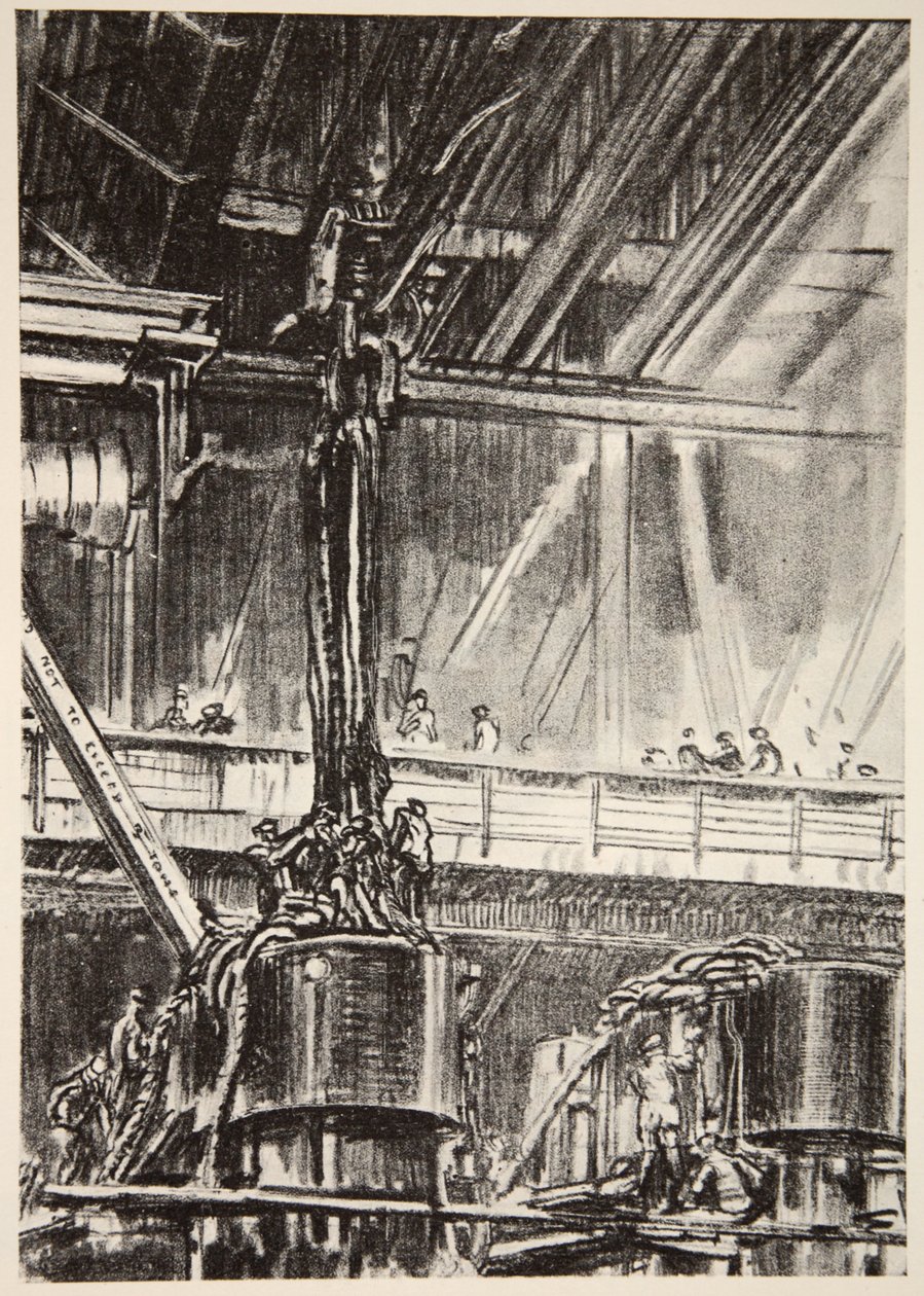 I maskinverkstaden, illustration från "The Western Front", utgiven av Country Life Ltd av David Muirhead Bone