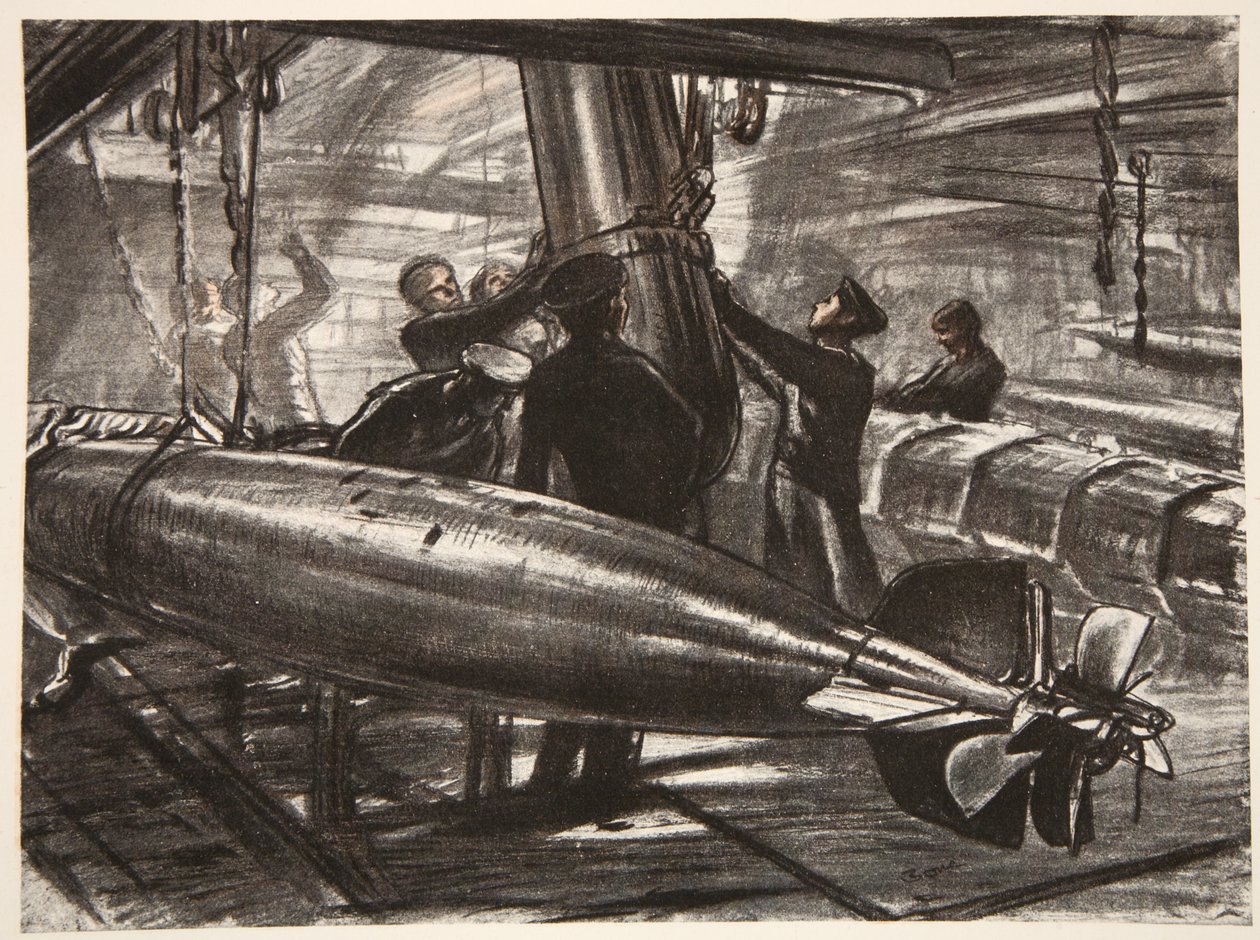 I den nedsänkta torpedplattan på ett slagskepp, illustration från "The Western Front", utgiven av Country Life Ltd av David Muirhead Bone