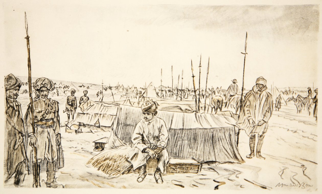Indiskt kavalleri, illustration från "The Western Front", utgiven av Country Life Ltd av David Muirhead Bone