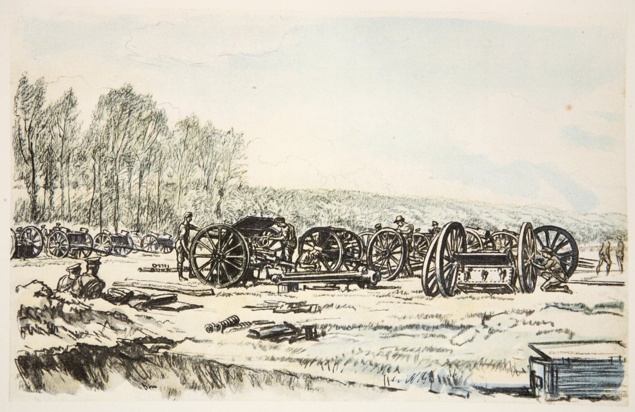 Män från RFA rengör sina vapen, illustration från "The Western Front", utgiven av Country Life Ltd av David Muirhead Bone