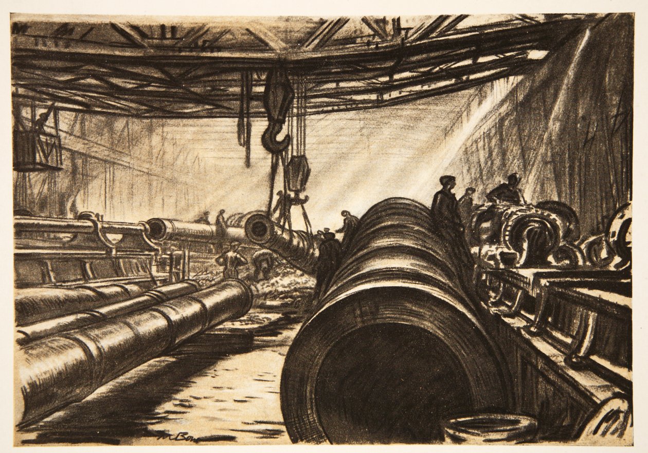 Flyttning av tunga kanontuber, illustration från "The Western Front", utgiven av Country Life Ltd av David Muirhead Bone