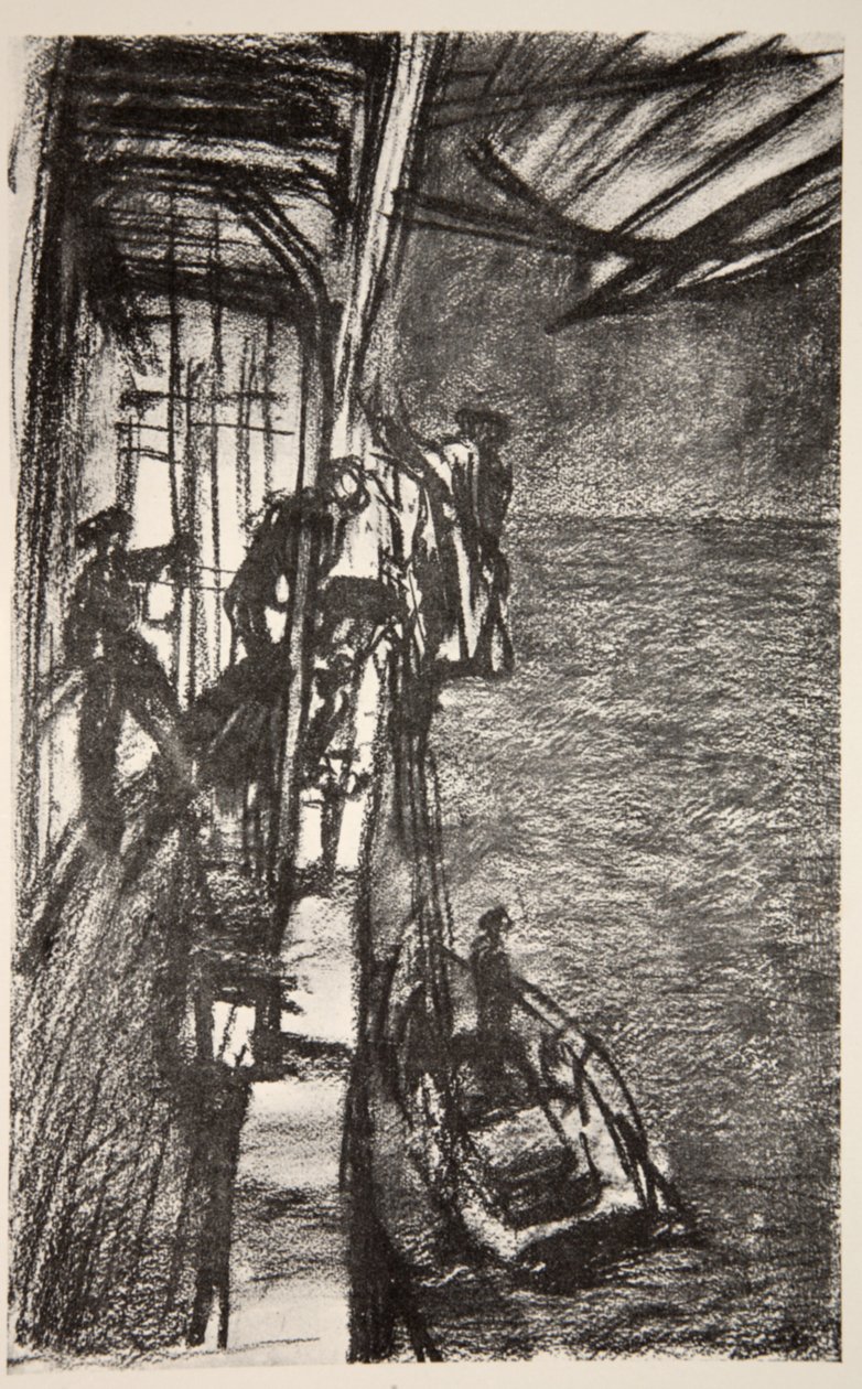 Off Havre: tar lotsen ombord på ett sjukhusfartyg, illustration från "The Western Front", utgiven av Country Life Ltd av David Muirhead Bone