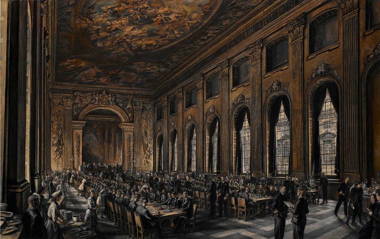 Officerare äter i den målade salen (på Royal Hospital i Greenwich, England, för pensionärer från flottan) under andra världskriget (1939-1945) av David Muirhead Bone