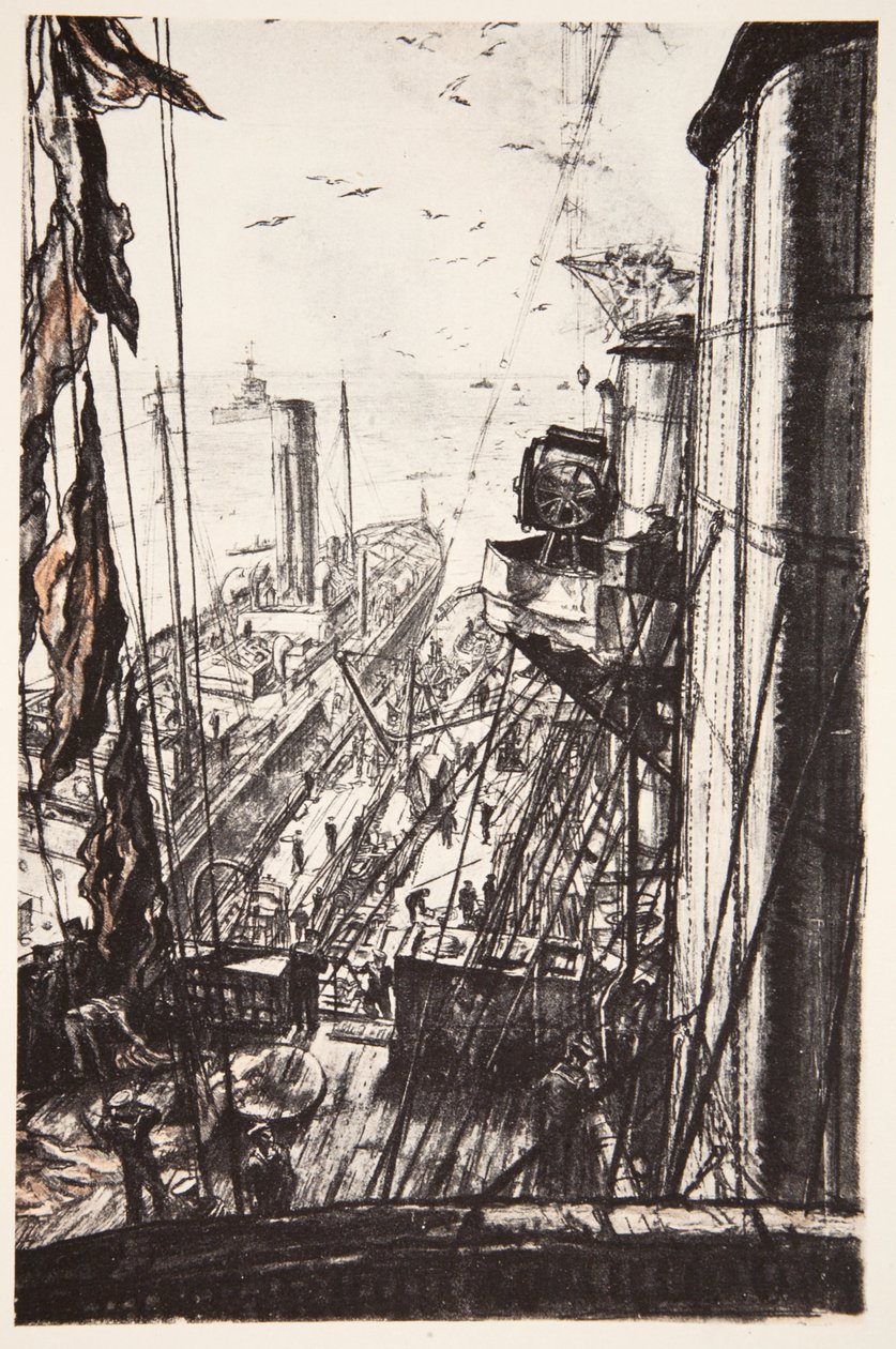 "Oiling": ett slagskepp som tar in oljebränsle till havs, illustration från "The Western Front", utgiven av Country Life Ltd av David Muirhead Bone