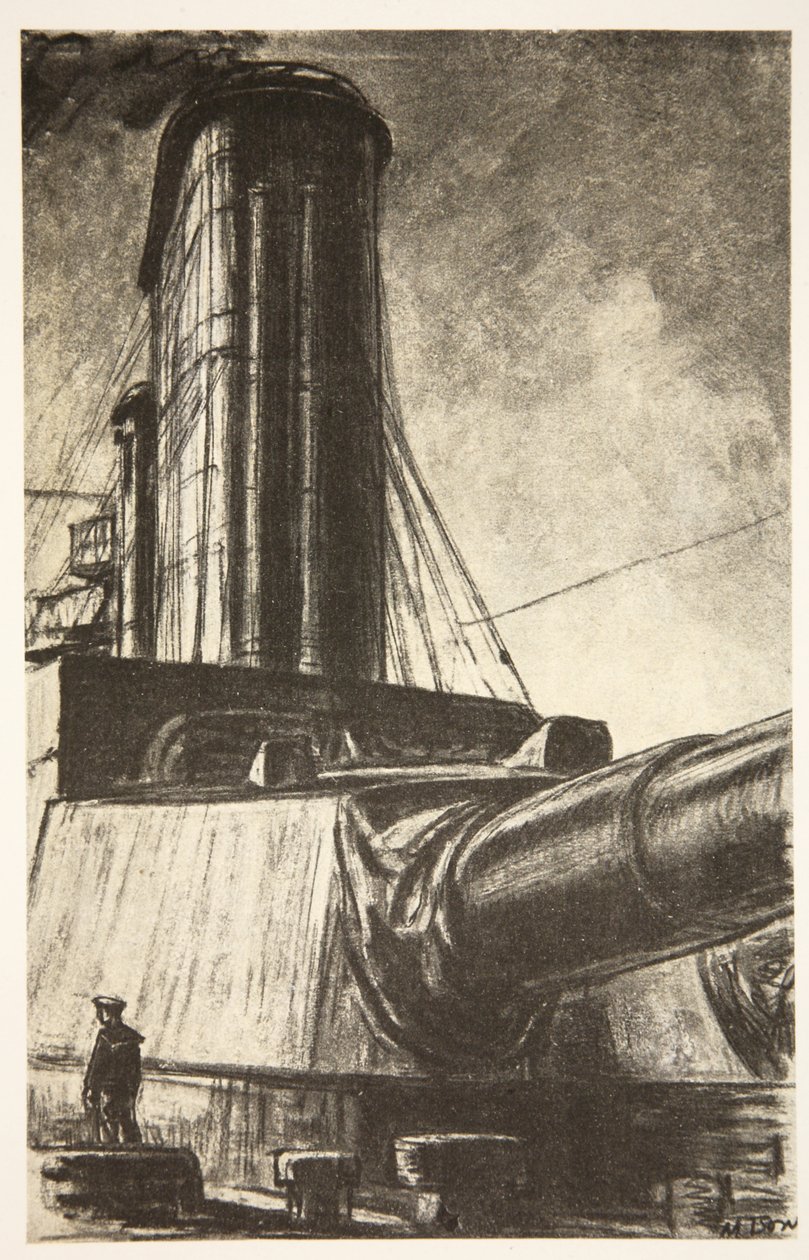 På en slagkryssare, illustration från "The Western Front", utgiven av Country Life Ltd av David Muirhead Bone