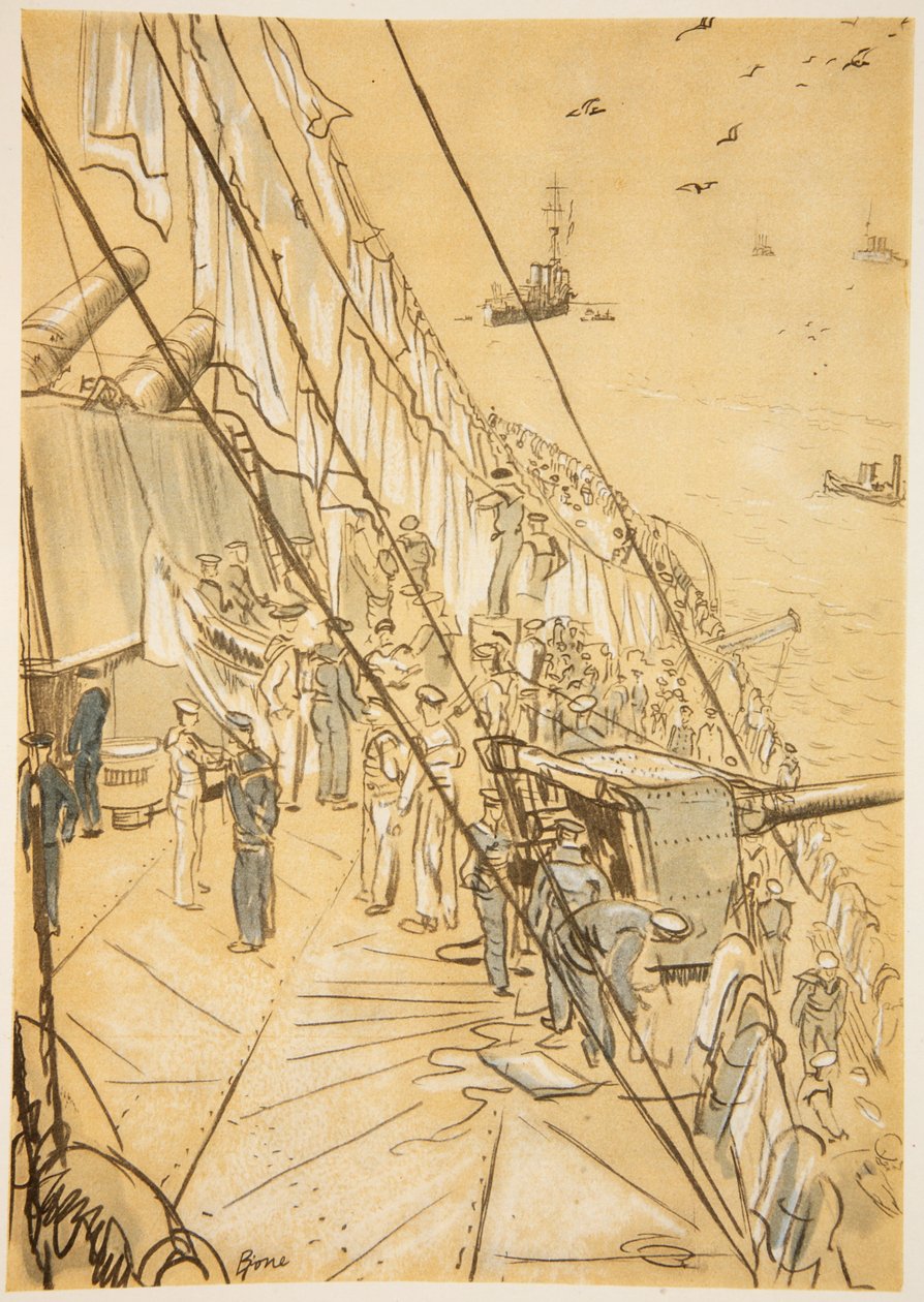 På ett slagskepp: luftningsfiltar, illustration från "The Western Front", utgiven av Country Life Ltd av David Muirhead Bone