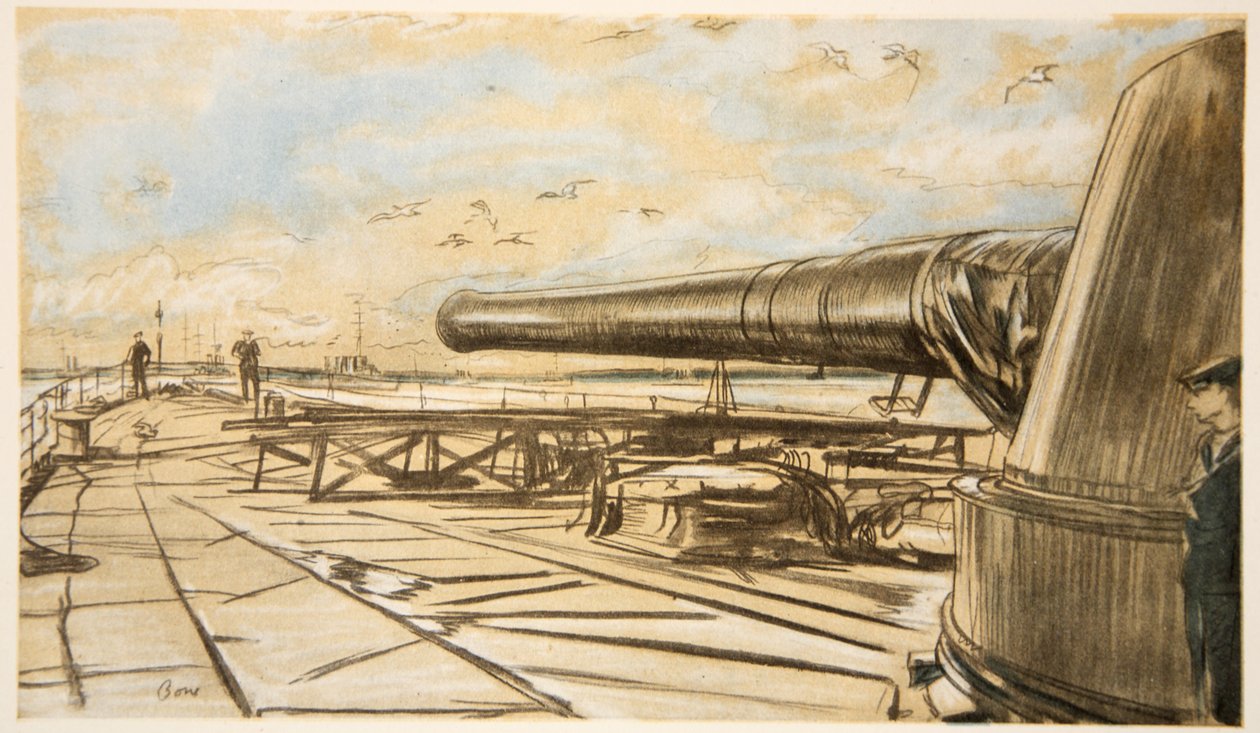 På ett slagskepp: kanontornet, illustration från "The Western Front", utgiven av Country Life Ltd av David Muirhead Bone