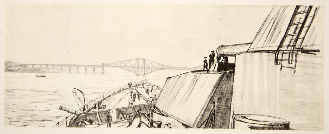 På ett slagskepp: i Forth, illustration från "The Western Front", utgiven av Country Life Ltd av David Muirhead Bone