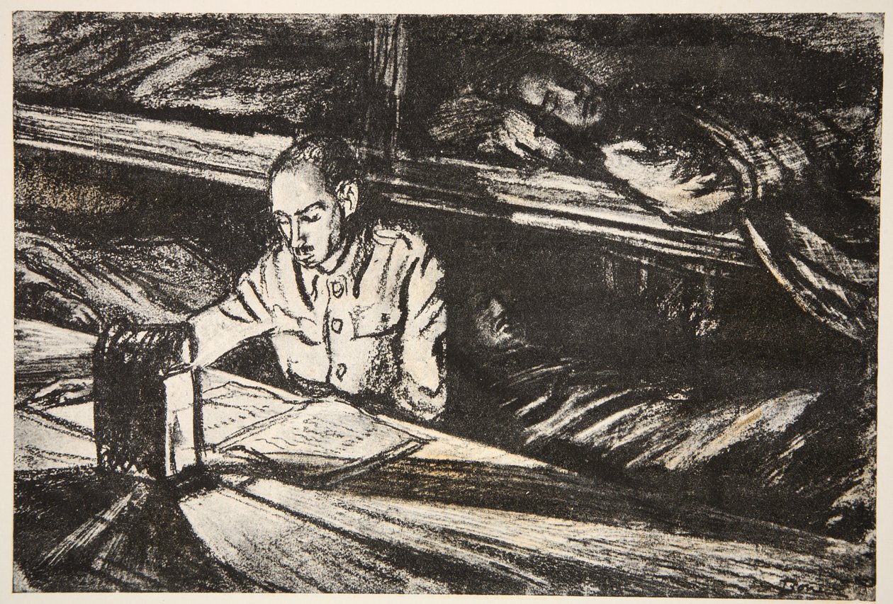 På ett sjukhusfartyg på natten: Ordonnansen, illustration från "The Western Front", utgiven av Country Life Ltd av David Muirhead Bone