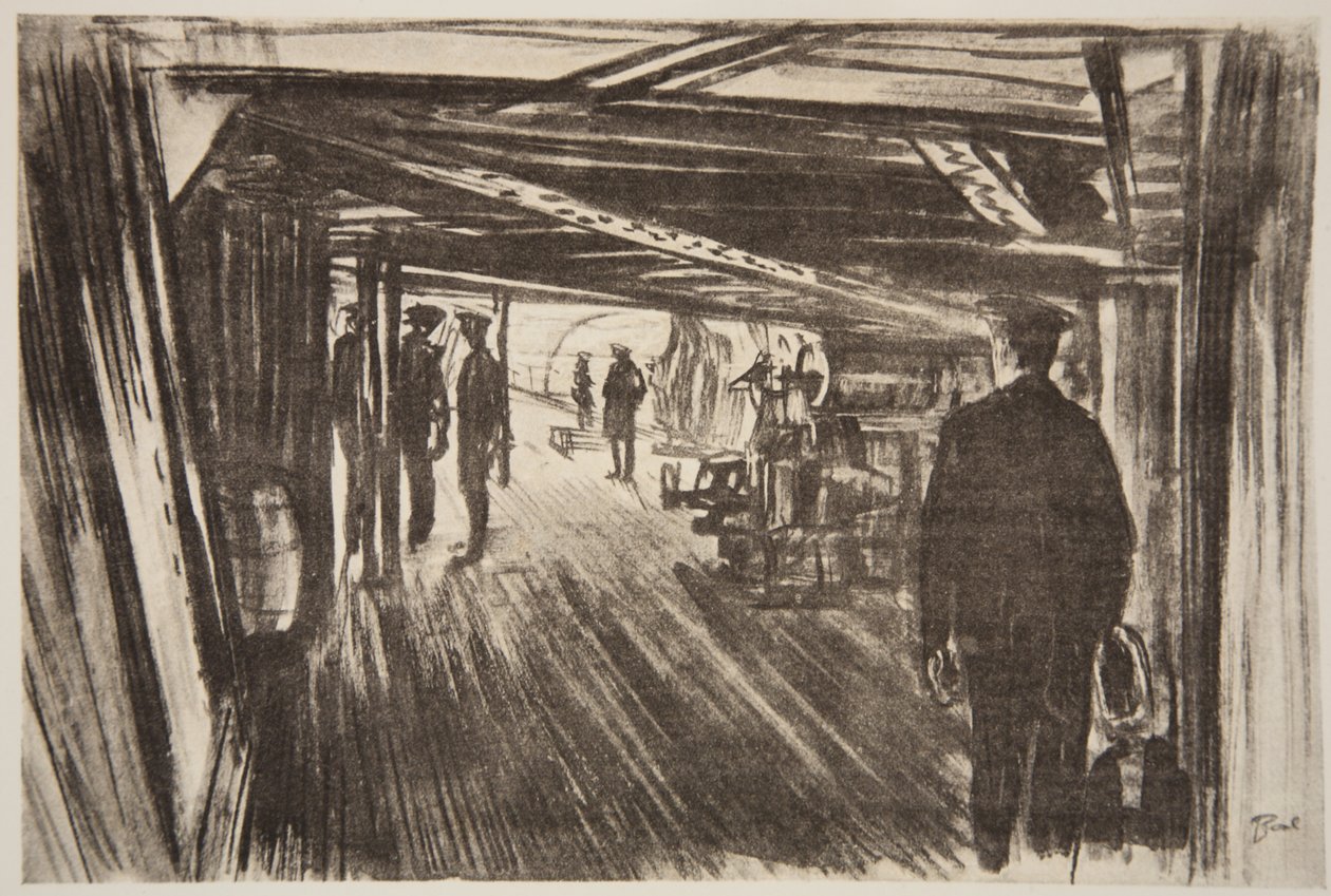 Ombord på en slagkryssare: mellan däcken, illustration från "The Western Front", utgiven av Country Life Ltd av David Muirhead Bone