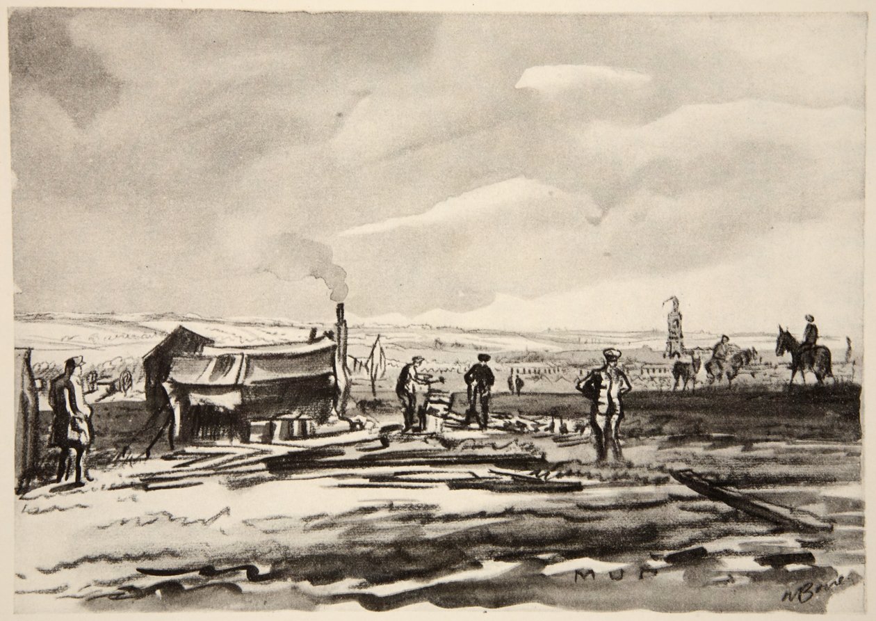 På Somme: Lera, illustration från "The Western Front", utgiven av Country Life Ltd av David Muirhead Bone