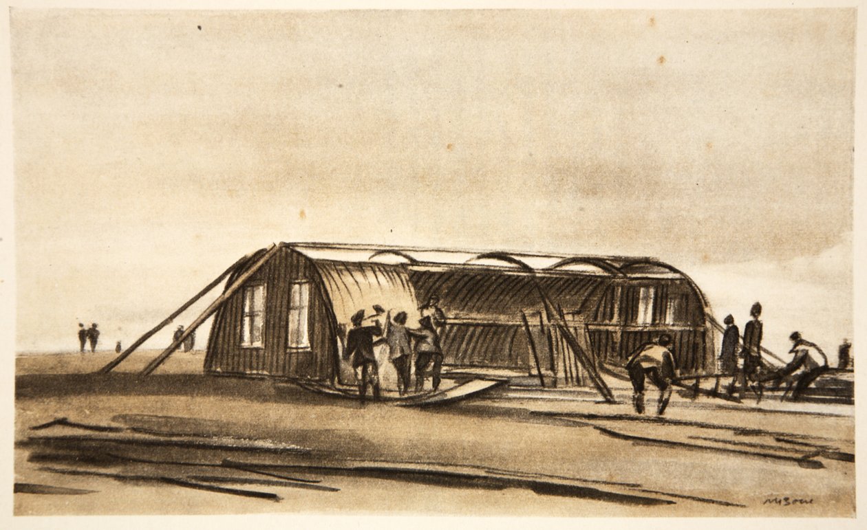 På Somme: RFC-män bygger sin vinterhydda, illustration från "The Western Front", utgiven av Country Life Ltd av David Muirhead Bone