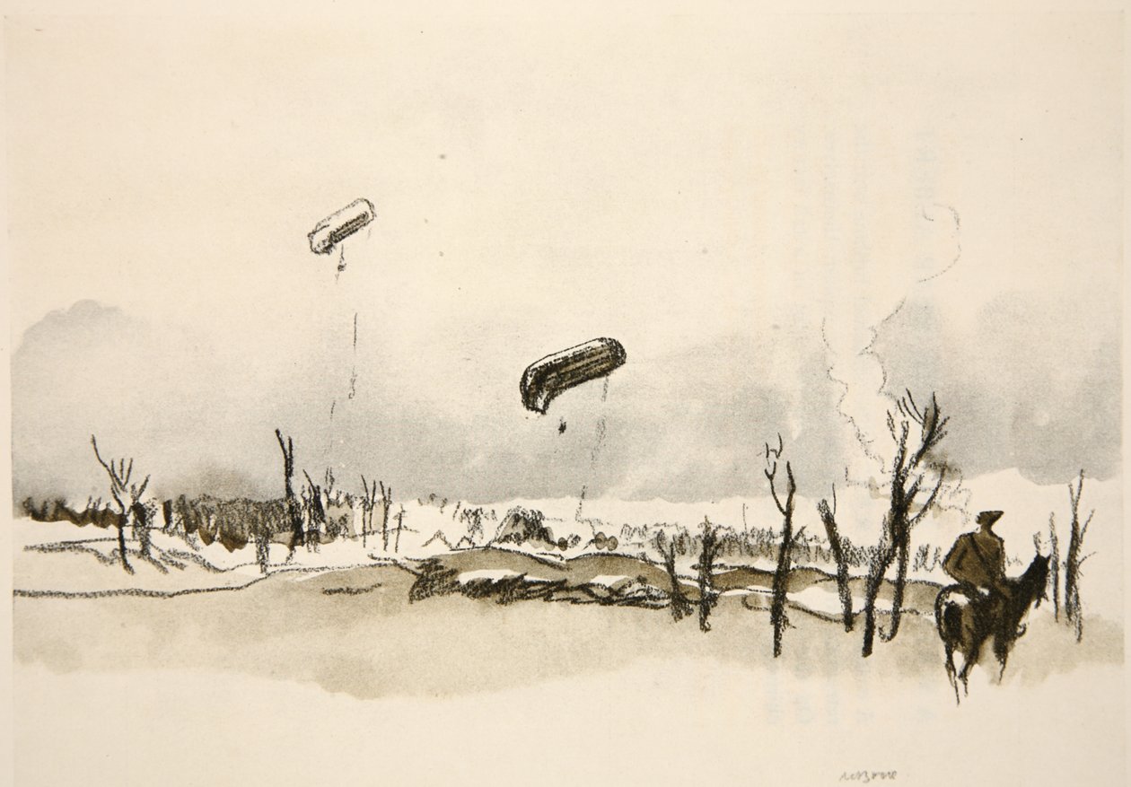 På Somme: Korvballonger, illustration från "The Western Front", utgiven av Country Life Ltd av David Muirhead Bone