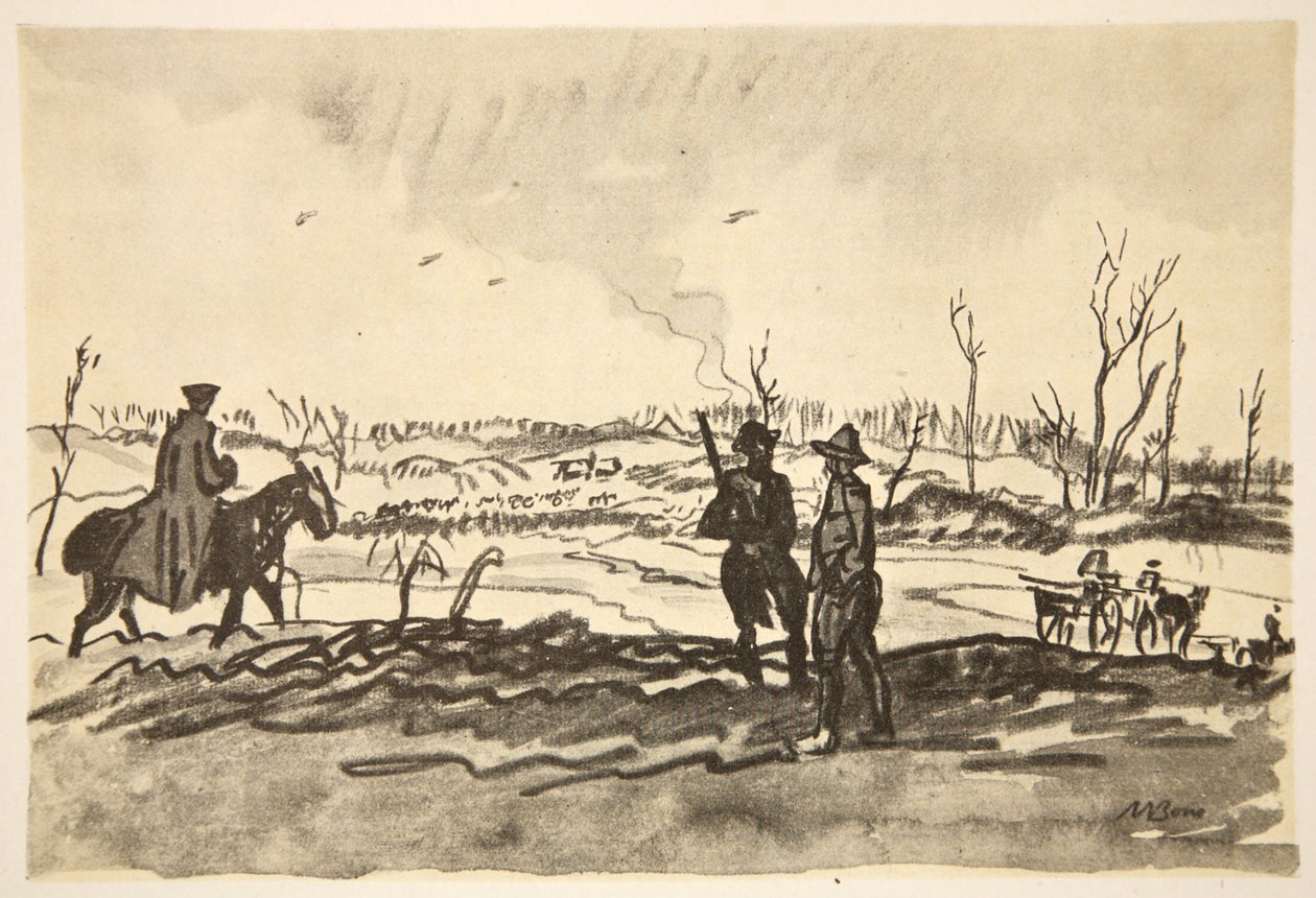 På Somme: nära Mametz, illustration från "The Western Front", utgiven av Country Life Ltd av David Muirhead Bone