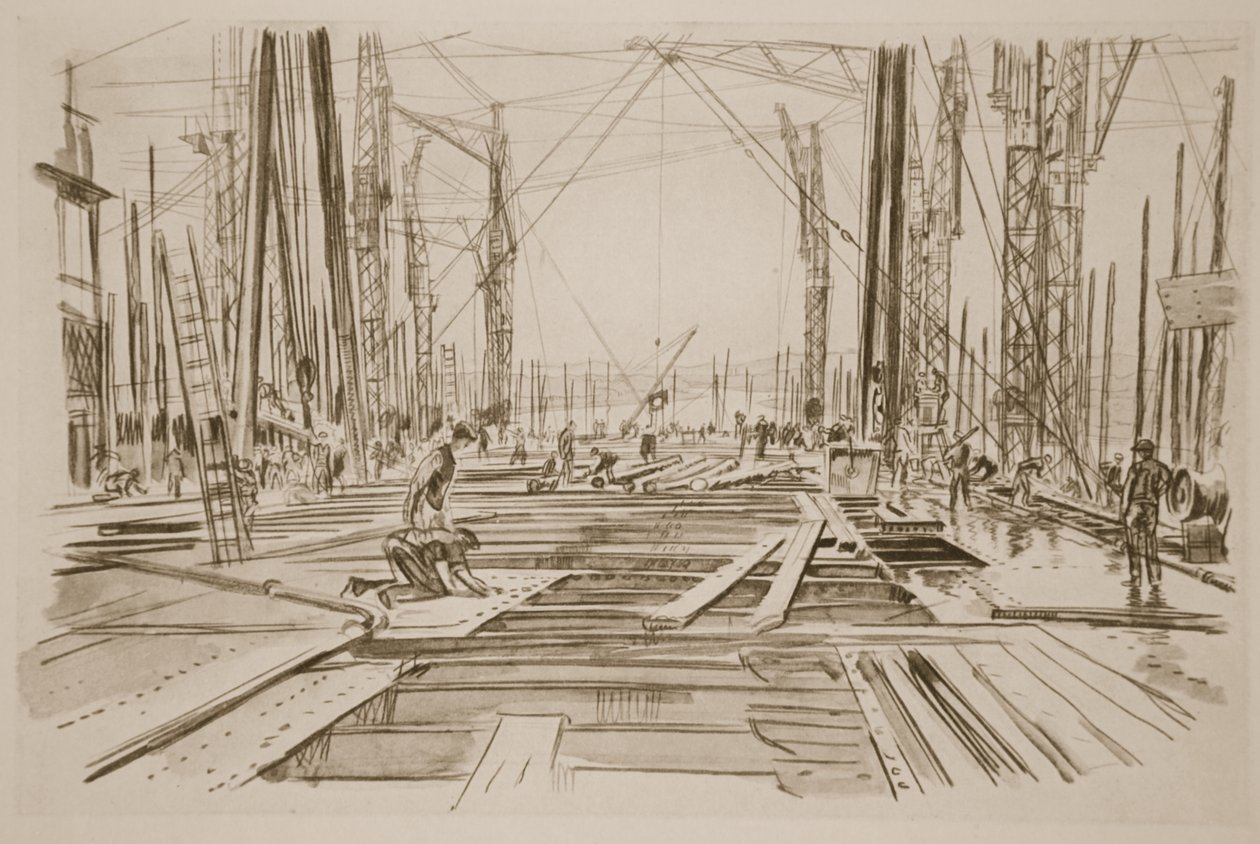 På däck på ett stort fartyg, illustration från "The Western Front", utgiven av Country Life Ltd av David Muirhead Bone