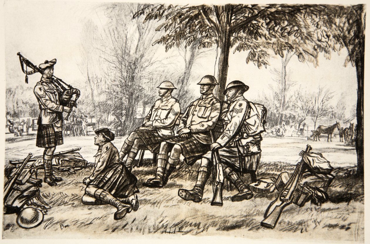 Out of the line, illustration från "The Western Front", utgiven av Country Life Ltd av David Muirhead Bone