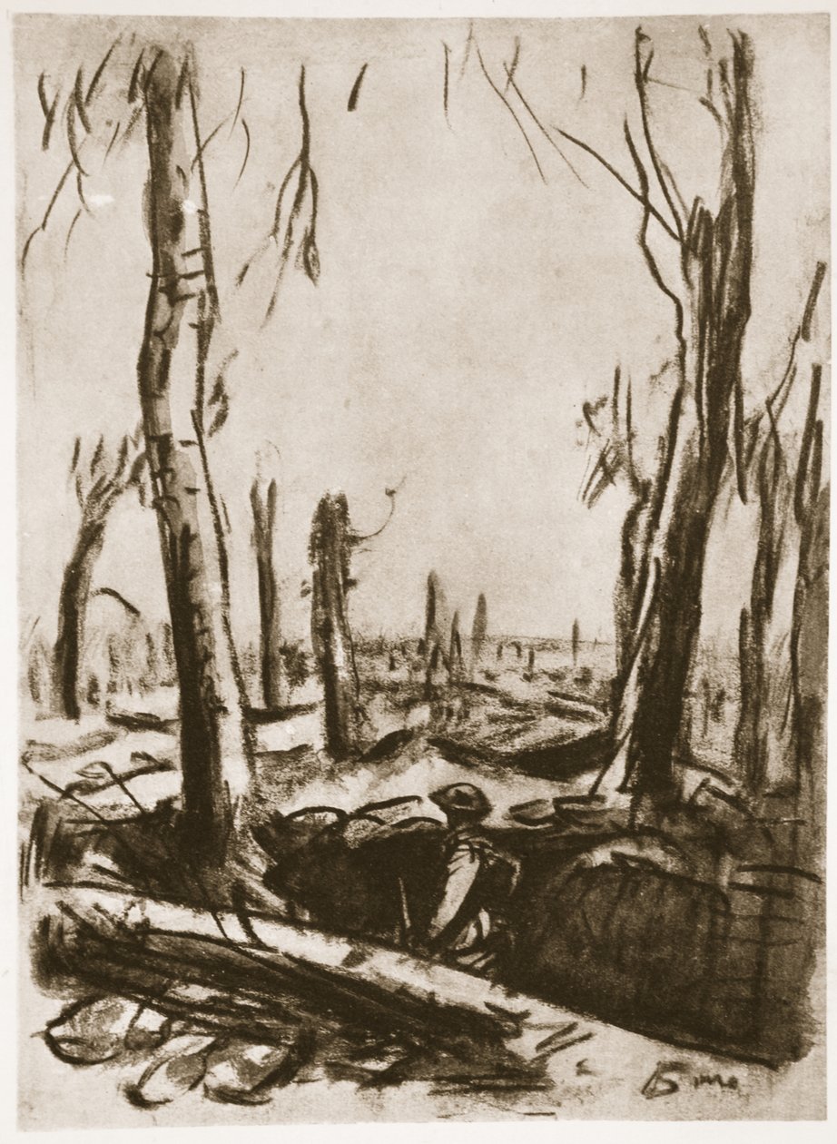 Förstörda skyttegravar i Mametz Wood, illustration från "The Western Front", utgiven av Country Life Ltd av David Muirhead Bone