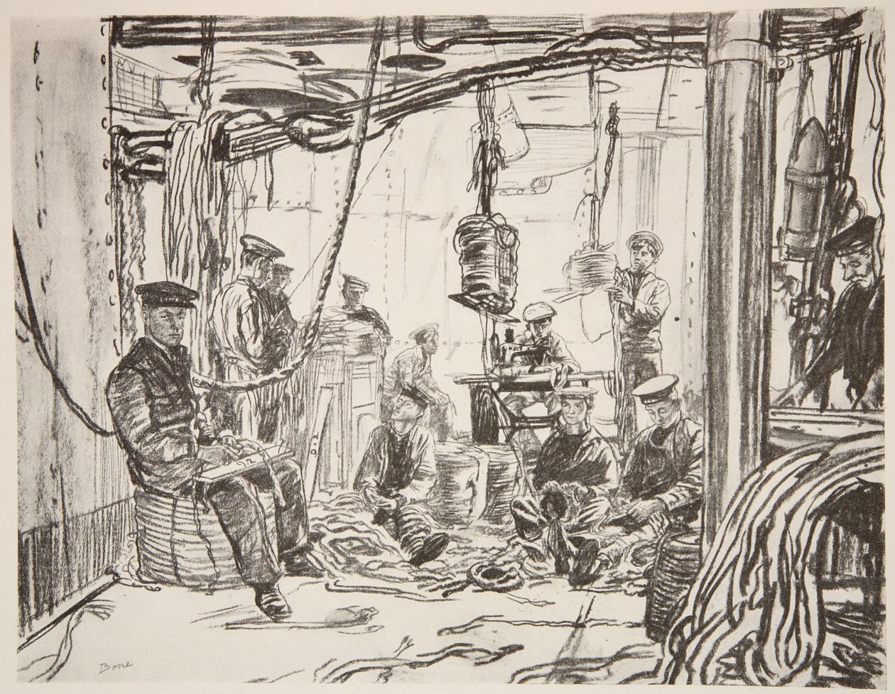 Matroser på ett slagskepp som tillverkar ammunition till armén, illustration från "The Western Front", utgiven av Country Life Ltd av David Muirhead Bone