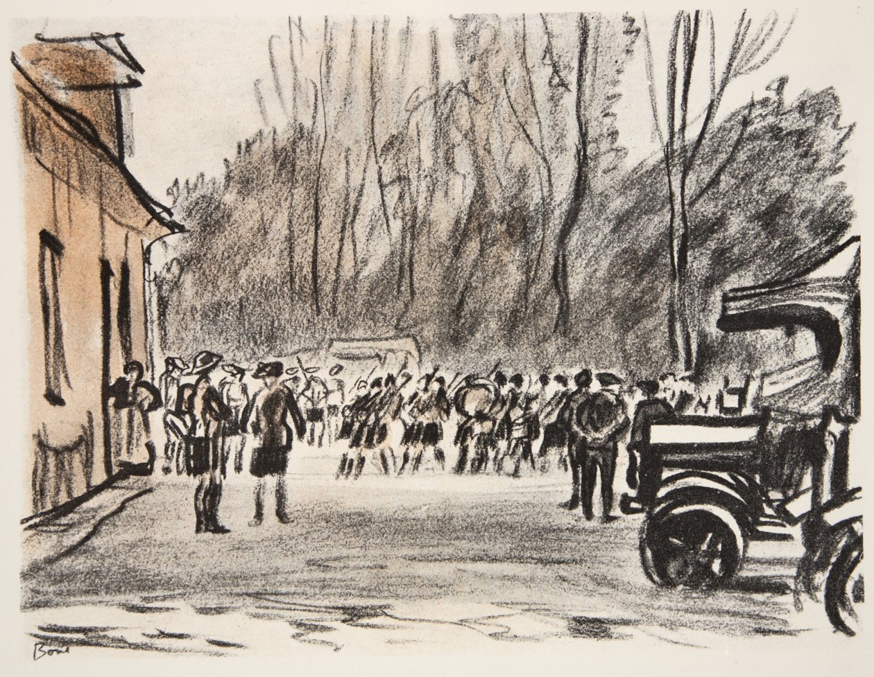 Scottish Pipers, illustration från "The Western Front", utgiven av Country Life Ltd av David Muirhead Bone