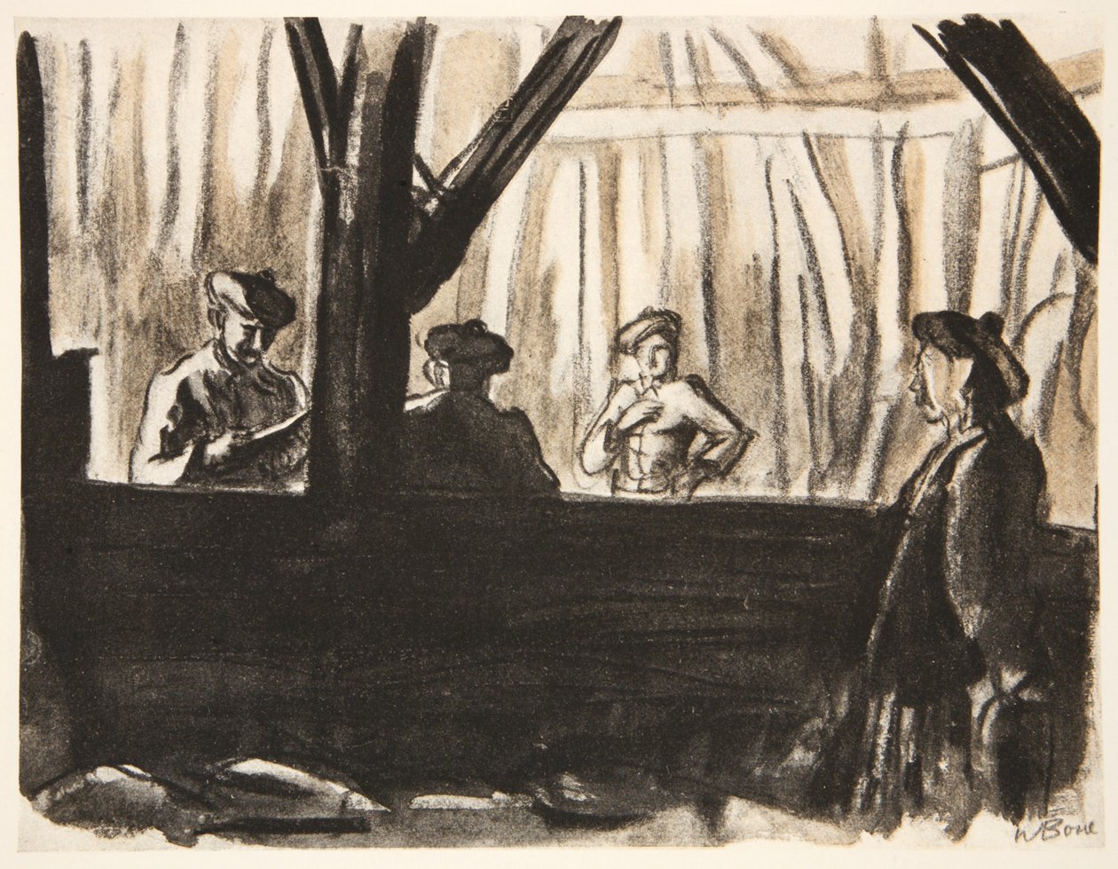 Skotska soldater i en fransk lada, illustration från "The Western Front", utgiven av Country Life Ltd av David Muirhead Bone