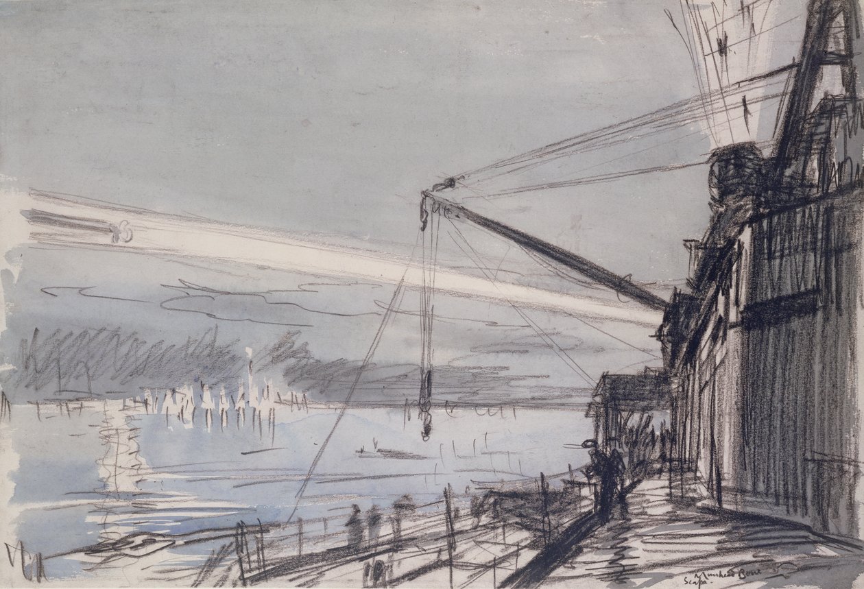 Sökarljus vid Scapa Flow (akvarell på papper) av David Muirhead Bone