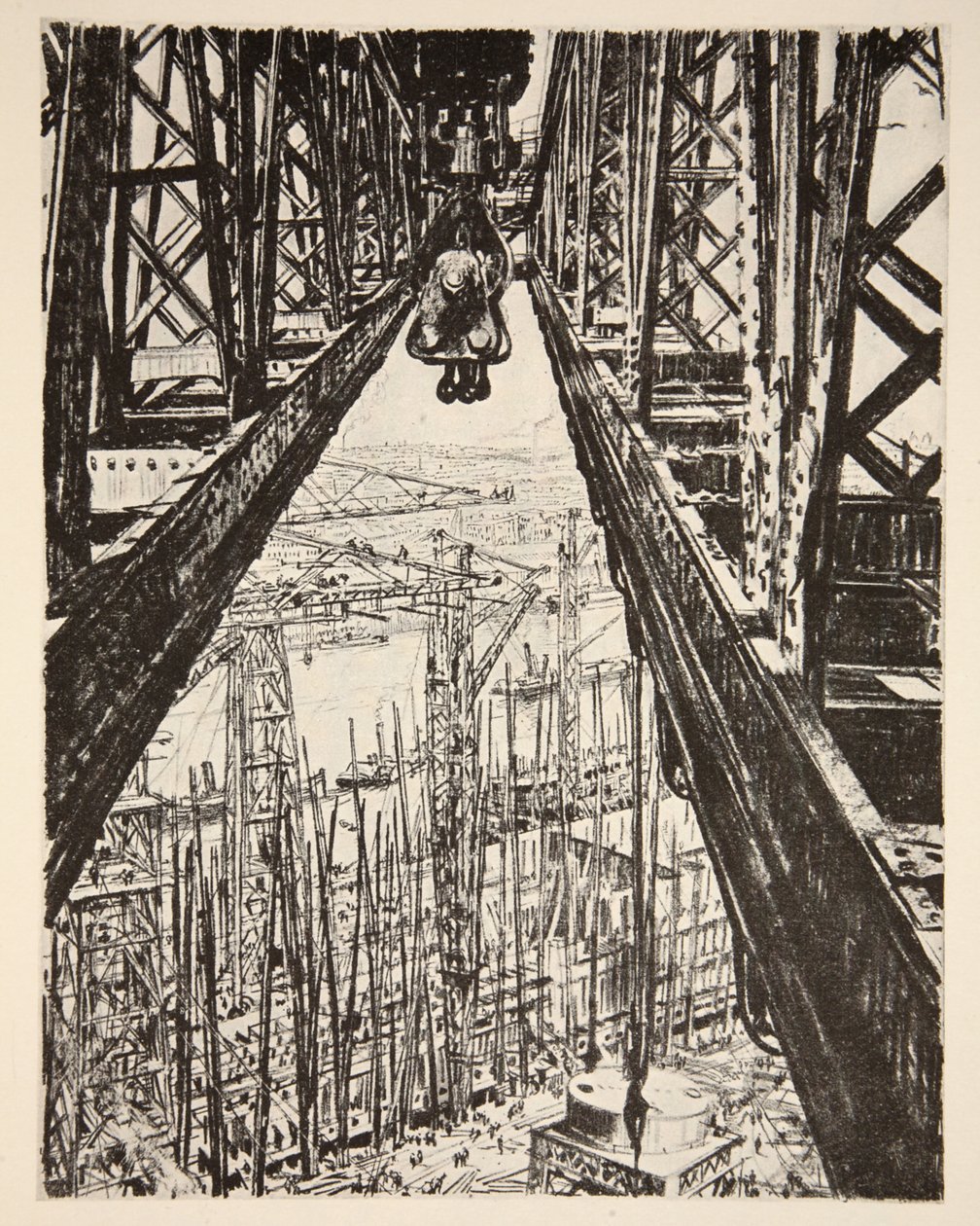 Skeppsvarvet sett från Big Crane, illustration från "The Western Front", utgiven av Country Life Ltd av David Muirhead Bone