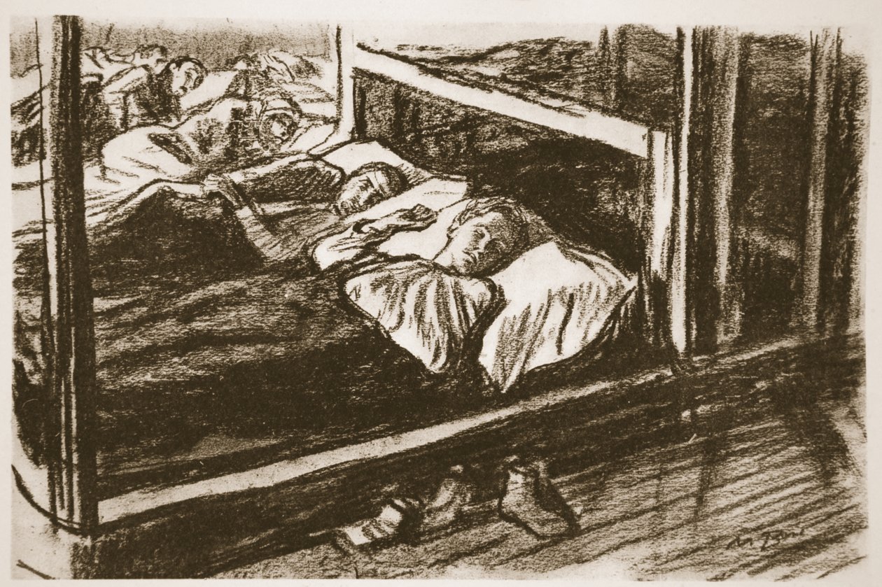 Sovande sårade från Somme, illustration från "The Western Front", utgiven av Country Life Ltd av David Muirhead Bone