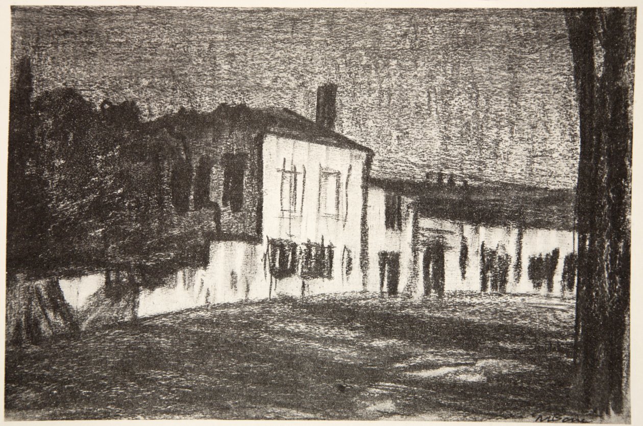 Soldatförläggningar, månsken, illustration från "The Western Front", utgiven av Country Life Ltd av David Muirhead Bone