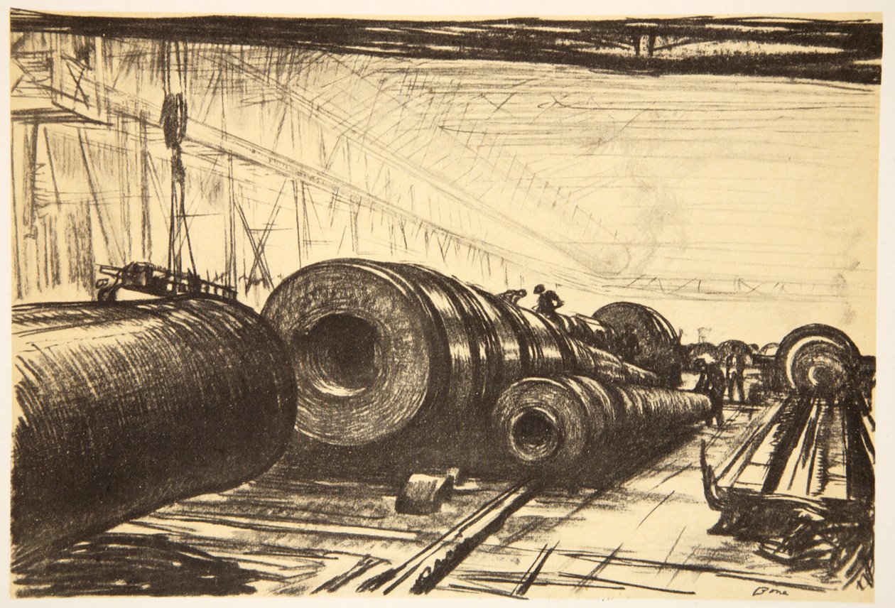 Några stora kanoner, illustration från "The Western Front", utgiven av Country Life Ltd av David Muirhead Bone