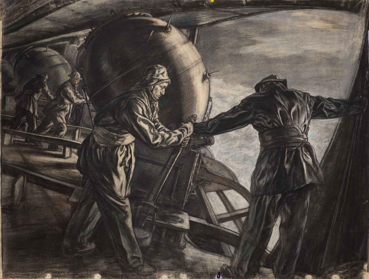 Studie för minläggning av vinterminor utanför Island, ca 1942 (kol och färgkrita på papper) av David Muirhead Bone