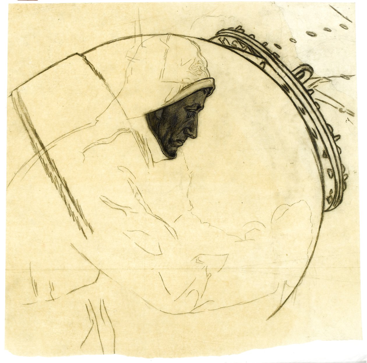 Studie för vinterminläggning utanför Island, ca 1942, kat 5 (conte karbonpenna på kalkerpapper) av David Muirhead Bone
