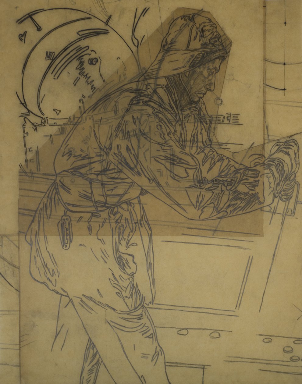 Studie för utläggning av vinterminor utanför Island, ca 1942, kat 6 (kolpenna på kalkerpapper) av David Muirhead Bone
