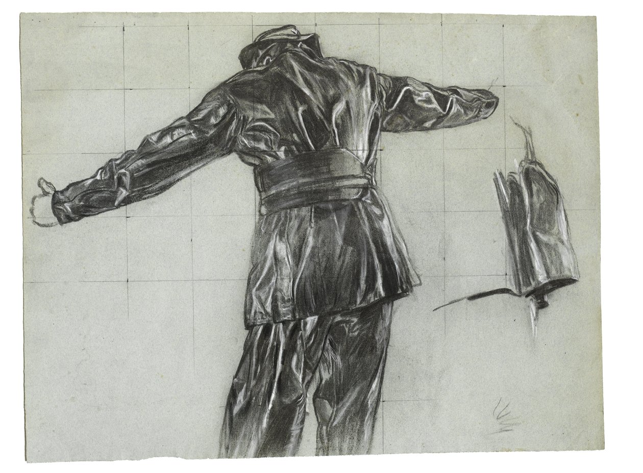 Studie för utläggning av vinterminor utanför Island, ca 1942, kat 9 (kolpenna  krita på papper) av David Muirhead Bone